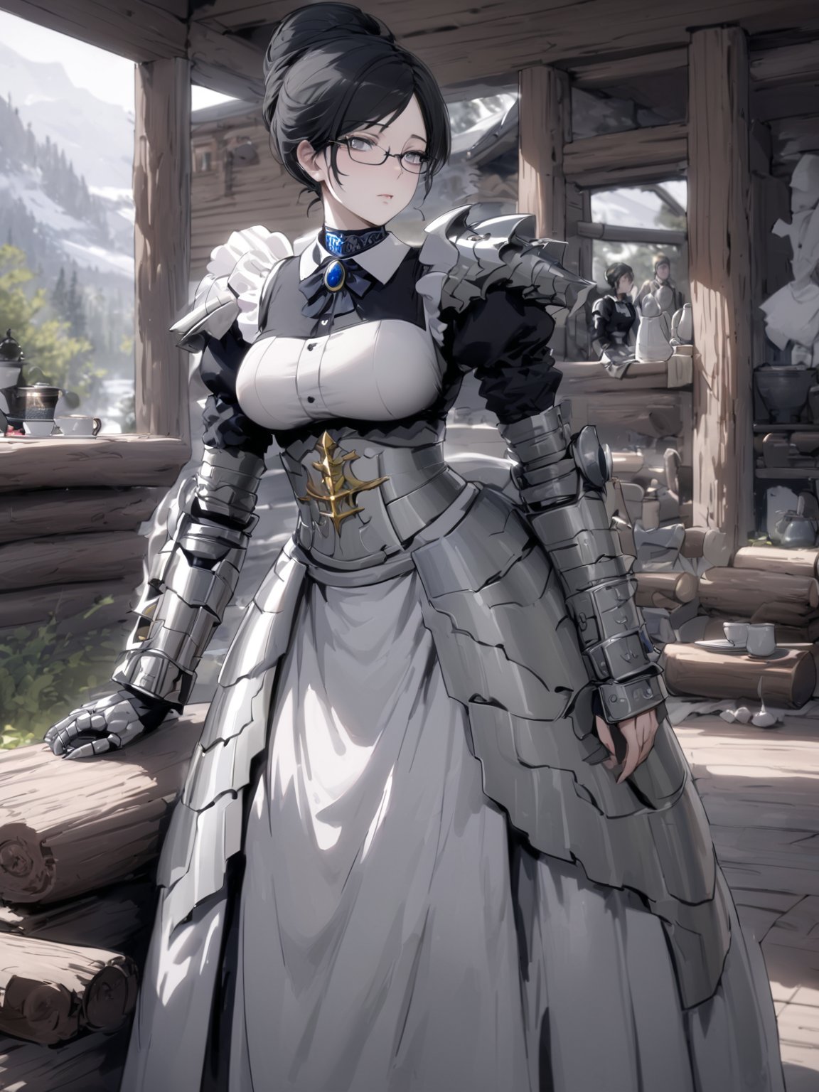 //Quality,
masterpiece, best quality, detailed
,//Character,
solo,
,//Fashion,
,//Background,
log house, tea
,//Others,
,Yuri Alpha \(overlord\), 1girl, grey eyes, black hair, breasts, glasses, maid, dress, armor, hair bun, brooch, gauntlets