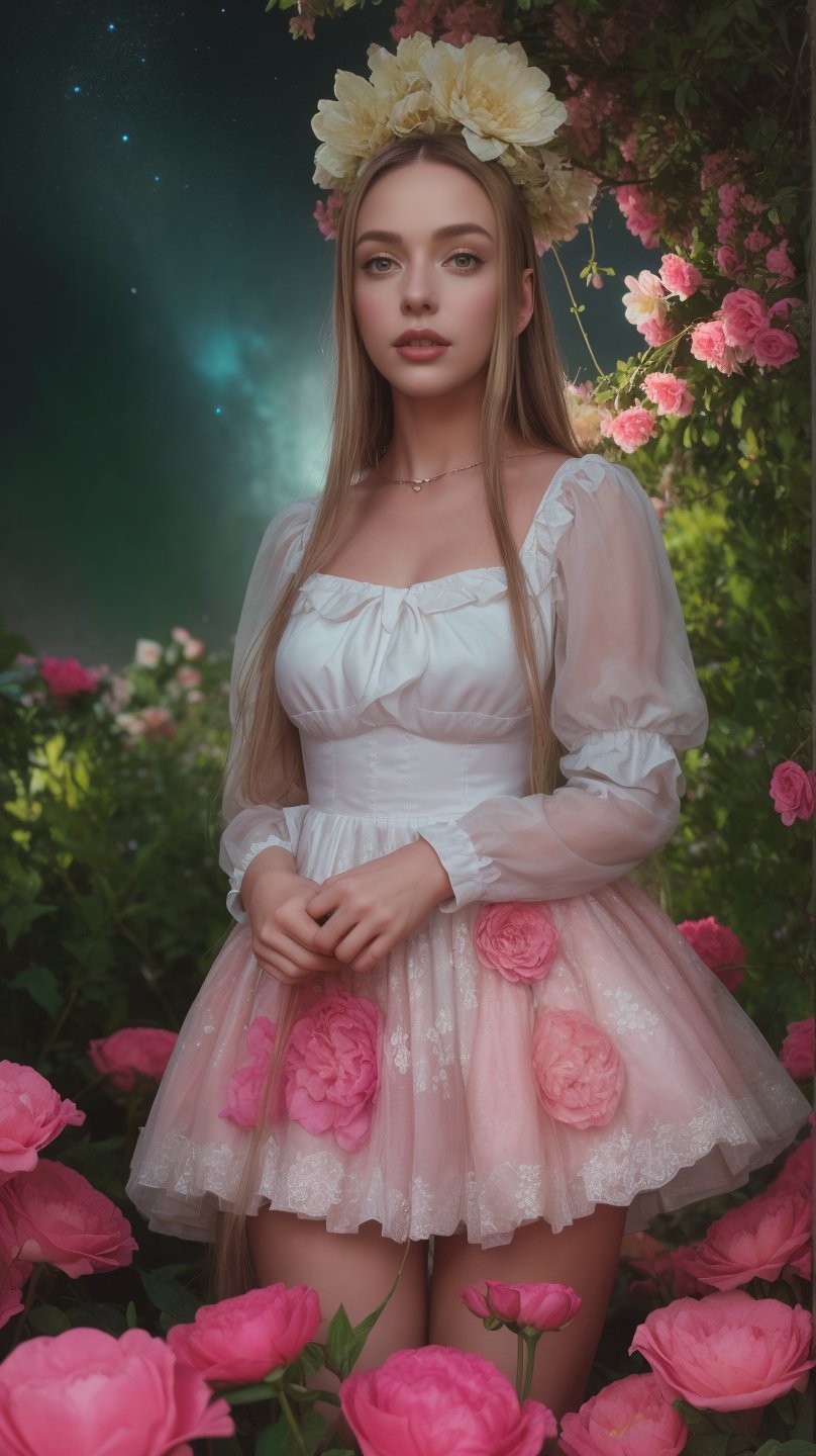 Photo of a woman with a perfect face, dress, soft color, dreamlike, surrealism, outdoors, complex background night sky and flowers, intricate details. Art in pop surrealism lowbrow cute style. Inspired by Ray Caesar. opaque colors, indirect lighting. realistic, character,

Yina