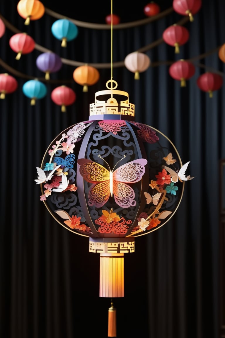 big circle  lantern , formed by paper art  , in the pattern of  betterfly. colourful chinese style 
dark background with blurred lanterns , shining and monogram,  full of patterns covered , art , masterpiece
,glitter,kirigami,more detail XL