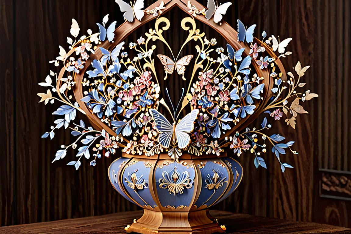 (((masterpiece))), realistic, 3d render, paper art, vase with louts and butterfly, gems and crystal, background with Wooden art ,more detail XL