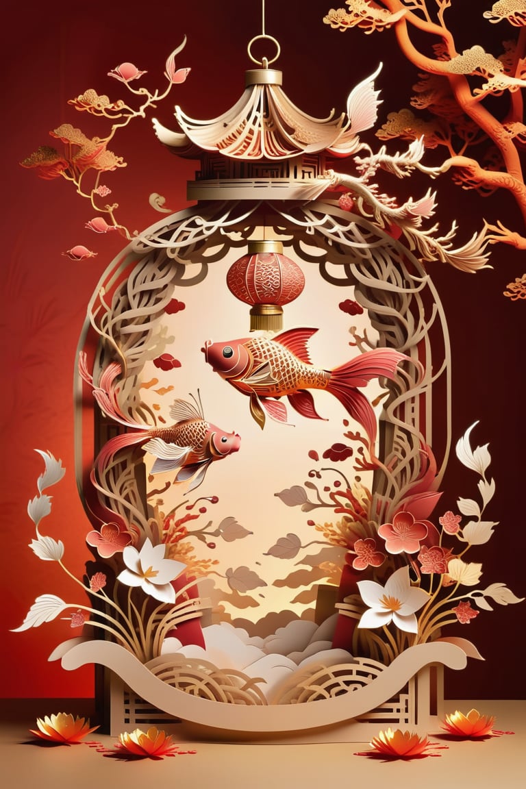 big lantern , formed by paper art  , in the pattern of goldfish and betterfly. chinese style 
lights as background , ,glitter,kirigami