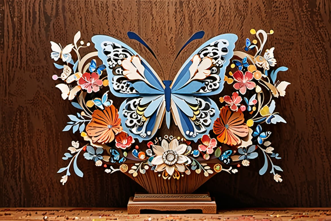 (((masterpiece))), realistic, 3d render, paper art, vase with louts and butterfly, gems and crystal, background with Wooden art ,more detail XL