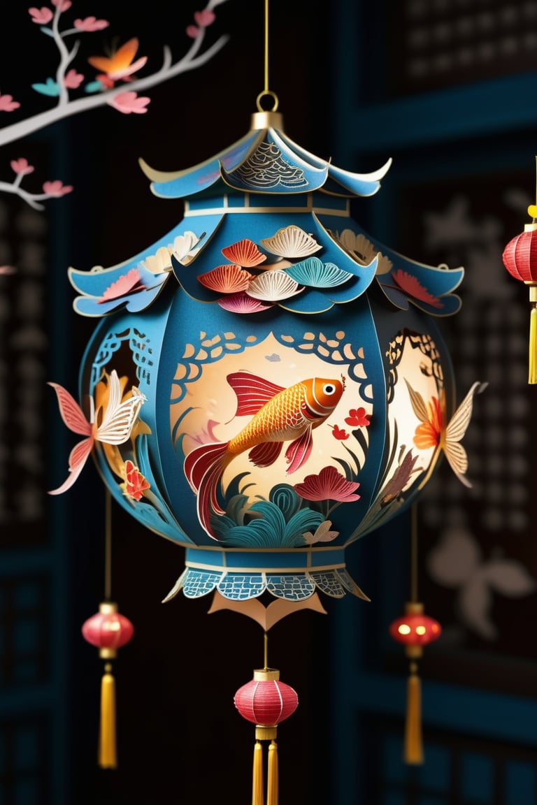 big lantern , formed by paper art  , in the pattern of goldfish and betterfly. colourful chinese style 
dark background with blurred lanterns , shining and full of patterns covered 
,glitter,kirigami,more detail XL