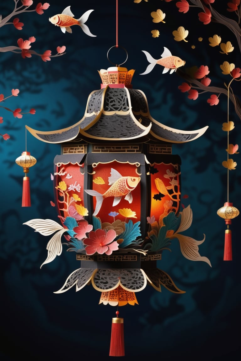 big lantern , formed by paper art  , in the pattern of goldfish and betterfly. colourful chinese style 
dark background with blurred lanterns , ,glitter,kirigami,more detail XL