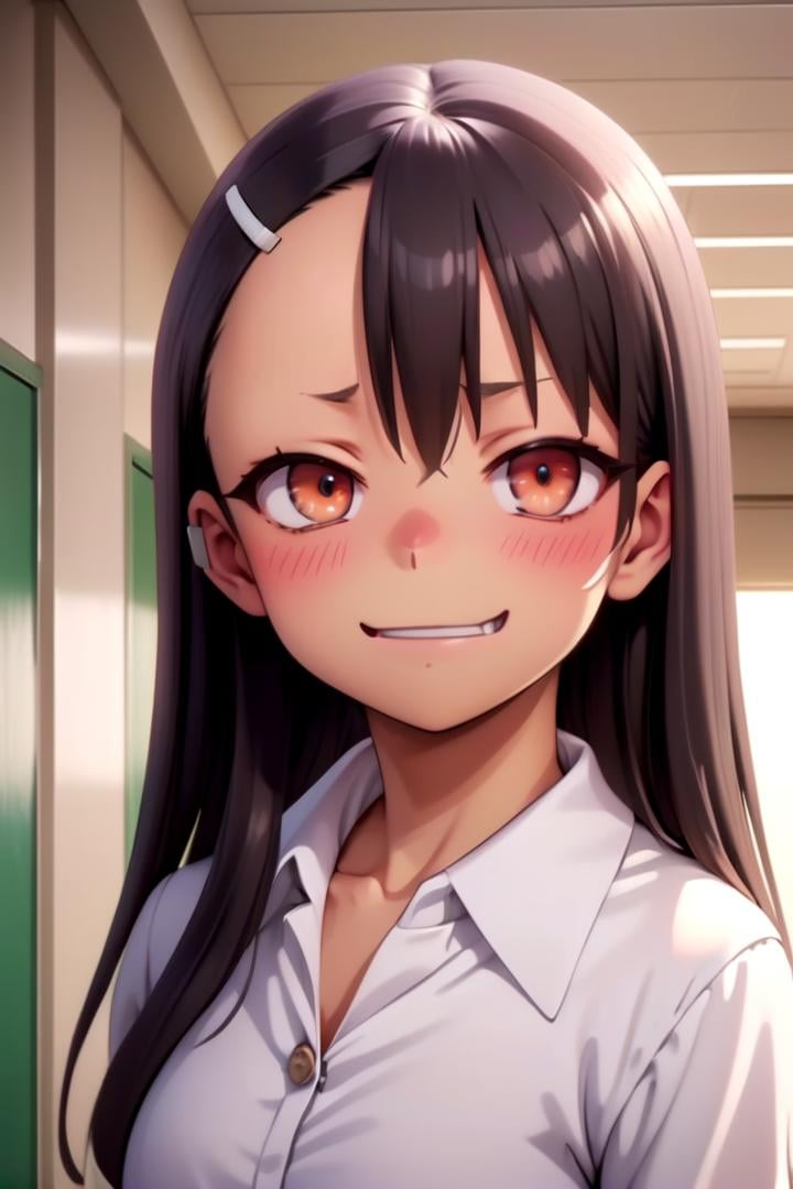 <lora:nagatoro hayase-000015:0.63>a girl nagatoro hayase standing in a japanese school hallway, she is wearing a collared white shirt,she has a smug expression and a smirk on her face, her mouth is closed, her face is hyper detailed,draw it in the style of Don't Toy with Me, Miss Nagatoro,The soft lighting and detailed surroundings create an immersive environment where imagination runs wildhyper-detailed,hyper-detailed face, high quality visuals, dim Lighting, sharply focused, octane render, 8k UHD