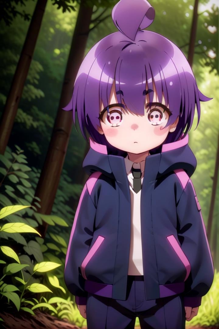 1girl named yayoi_hozuki, she has short purple hair with bangs,Her eyes are red with a skill pattern,she is wearing a long sleeved jacket and a white shirt,she is standing in the forest,The soft lighting and detailed surroundings create an immersive environment where imagination runs wild hyper-detailed,hyper-detailed face, high quality visuals, dim Lighting, sharply focused, octane render, 8k UHD <lora:yayoi-000020:0.7>