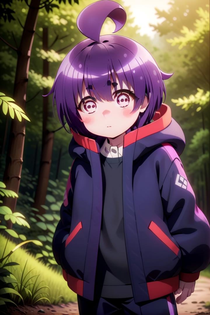 1girl named yayoi_hozuki, she has short purple hair with bangs,Her eyes are red with a skill pattern,she is wearing a long sleeved jacket and a white shirt,she is standing in the forest,The soft lighting and detailed surroundings create an immersive environment where imagination runs wild hyper-detailed,hyper-detailed face, high quality visuals, dim Lighting, sharply focused, octane render, 8k UHD <lora:yayoi-000020:0.7>