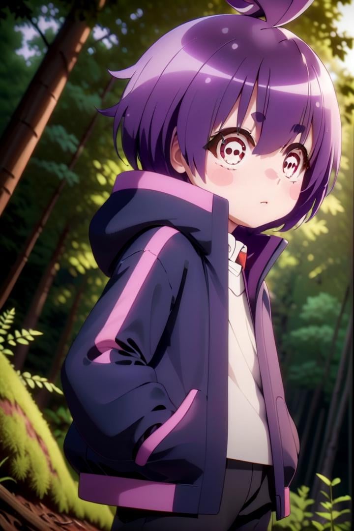 1girl named yayoi_hozuki, she has short purple hair with bangs,Her eyes are red with a skill pattern,she is wearing a long sleeved jacket and a white shirt,she is standing in the forest,The soft lighting and detailed surroundings create an immersive environment where imagination runs wild hyper-detailed,hyper-detailed face, high quality visuals, dim Lighting, sharply focused, octane render, 8k UHD <lora:yayoi-000020:0.7>