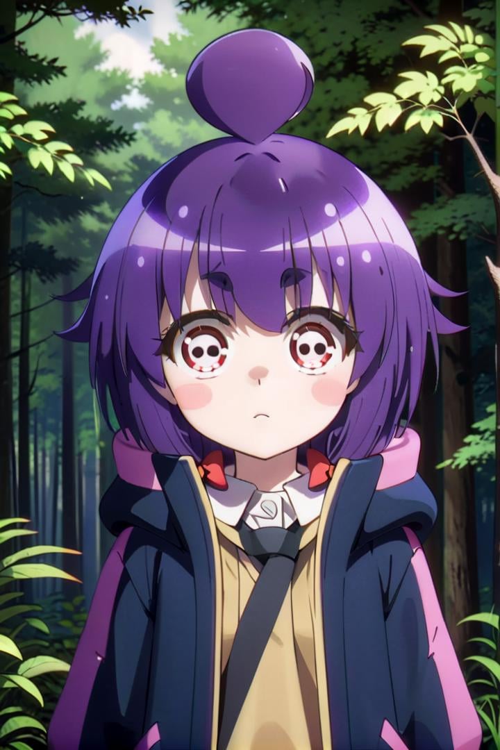 1girl named yayoi_hozuki, she has short purple hair with bangs,Her eyes are red with a skill pattern,she is wearing a long sleeved jacket and a white shirt,she is standing in the forest,The soft lighting and detailed surroundings create an immersive environment where imagination runs wild hyper-detailed,hyper-detailed face, high quality visuals, dim Lighting, sharply focused, octane render, 8k UHD <lora:yayoi-000020:0.7>