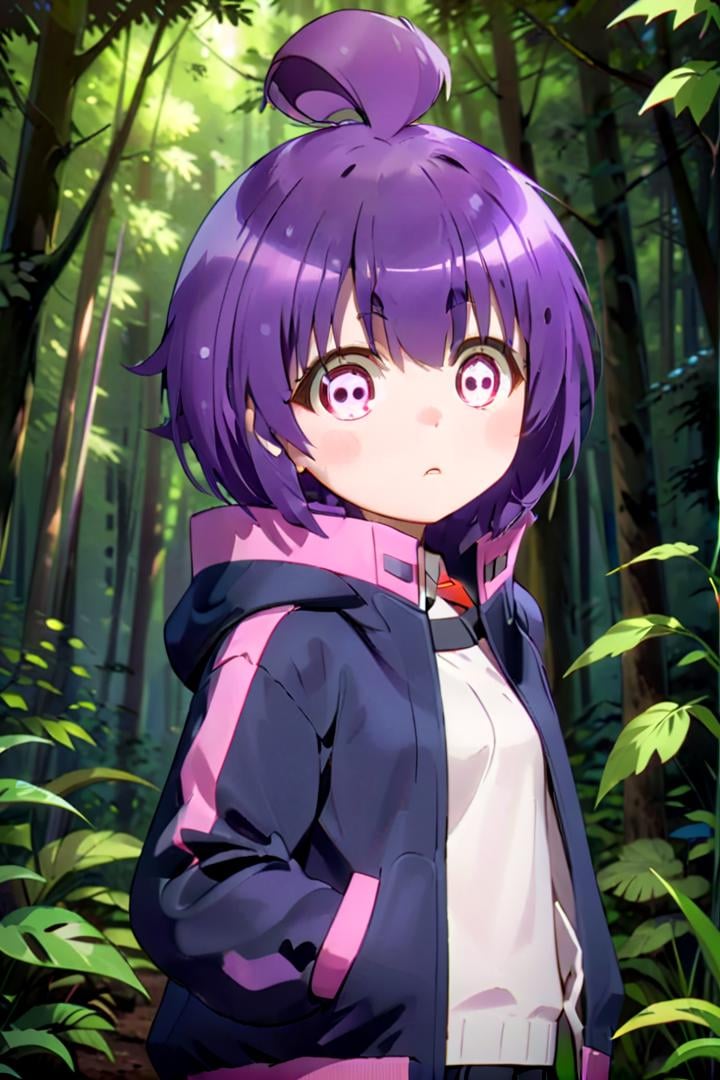 1girl named yayoi_hozuki, she has short purple hair with bangs,Her eyes are red with a skill pattern,she is wearing a long sleeved jacket and a white shirt,she is standing in the forest,The soft lighting and detailed surroundings create an immersive environment where imagination runs wild hyper-detailed,hyper-detailed face, high quality visuals, dim Lighting, sharply focused, octane render, 8k UHD <lora:yayoi-000020:0.7>