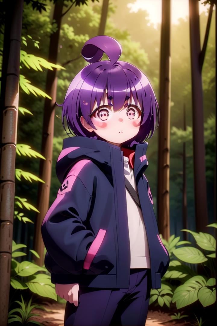 1girl named yayoi_hozuki, she has short purple hair with bangs,Her eyes are red with a skill pattern,she is wearing a long sleeved jacket and a white shirt,she is standing in the forest,The soft lighting and detailed surroundings create an immersive environment where imagination runs wild hyper-detailed,hyper-detailed face, high quality visuals, dim Lighting, sharply focused, octane render, 8k UHD <lora:yayoi-000020:0.7>