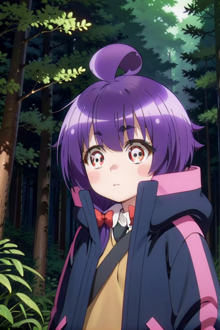 1girl named yayoi_hozuki, she has short purple hair with bangs,Her eyes are red with a skill pattern,she is wearing a long sleeved jacket and a white shirt,she is standing in the forest,The soft lighting and detailed surroundings create an immersive environment where imagination runs wild hyper-detailed,hyper-detailed face, high quality visuals, dim Lighting, sharply focused, octane render, 8k UHD <lora:yayoi-000020:0.7>