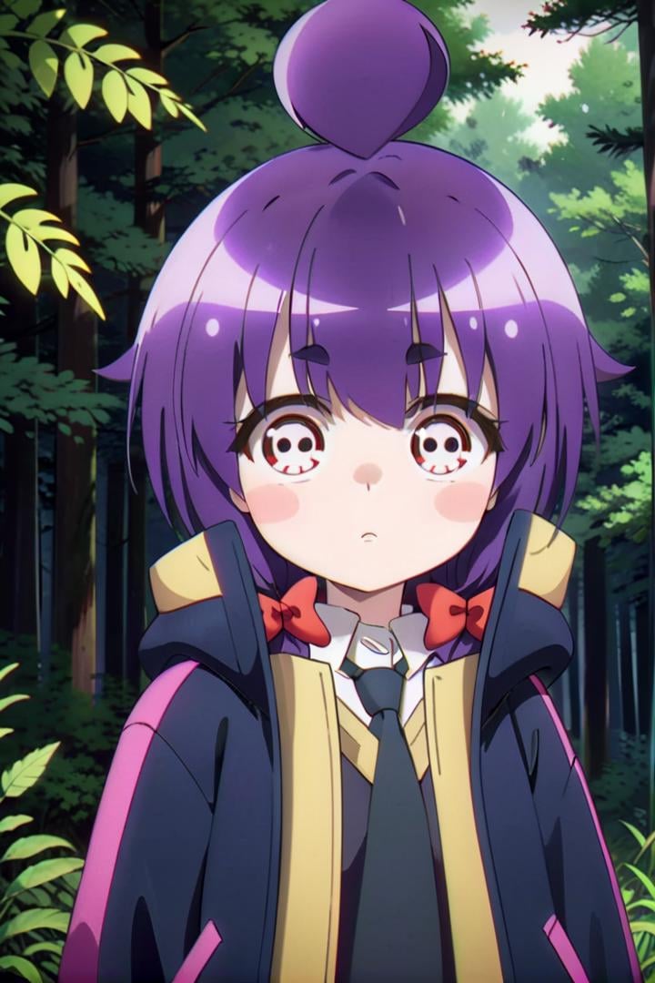 1girl named yayoi_hozuki, she has short purple hair with bangs,Her eyes are red with a skill pattern,she is wearing a long sleeved jacket and a white shirt,she is standing in the forest,The soft lighting and detailed surroundings create an immersive environment where imagination runs wild hyper-detailed,hyper-detailed face, high quality visuals, dim Lighting, sharply focused, octane render, 8k UHD <lora:yayoi-000020:0.7>