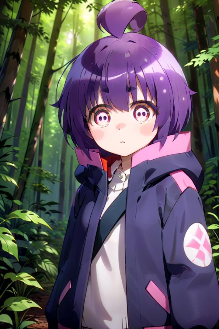 1girl named yayoi_hozuki, she has short purple hair with bangs,Her eyes are red with a skill pattern,she is wearing a long sleeved jacket and a white shirt,she is standing in the forest,The soft lighting and detailed surroundings create an immersive environment where imagination runs wild hyper-detailed,hyper-detailed face, high quality visuals, dim Lighting, sharply focused, octane render, 8k UHD <lora:yayoi-000020:0.7>