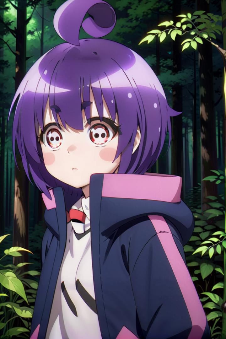 1girl named yayoi_hozuki, she has short purple hair with bangs,Her eyes are red with a skill pattern,she is wearing a long sleeved jacket and a white shirt,she is standing in the forest,The soft lighting and detailed surroundings create an immersive environment where imagination runs wild hyper-detailed,hyper-detailed face, high quality visuals, dim Lighting, sharply focused, octane render, 8k UHD <lora:yayoi-000020:0.7>