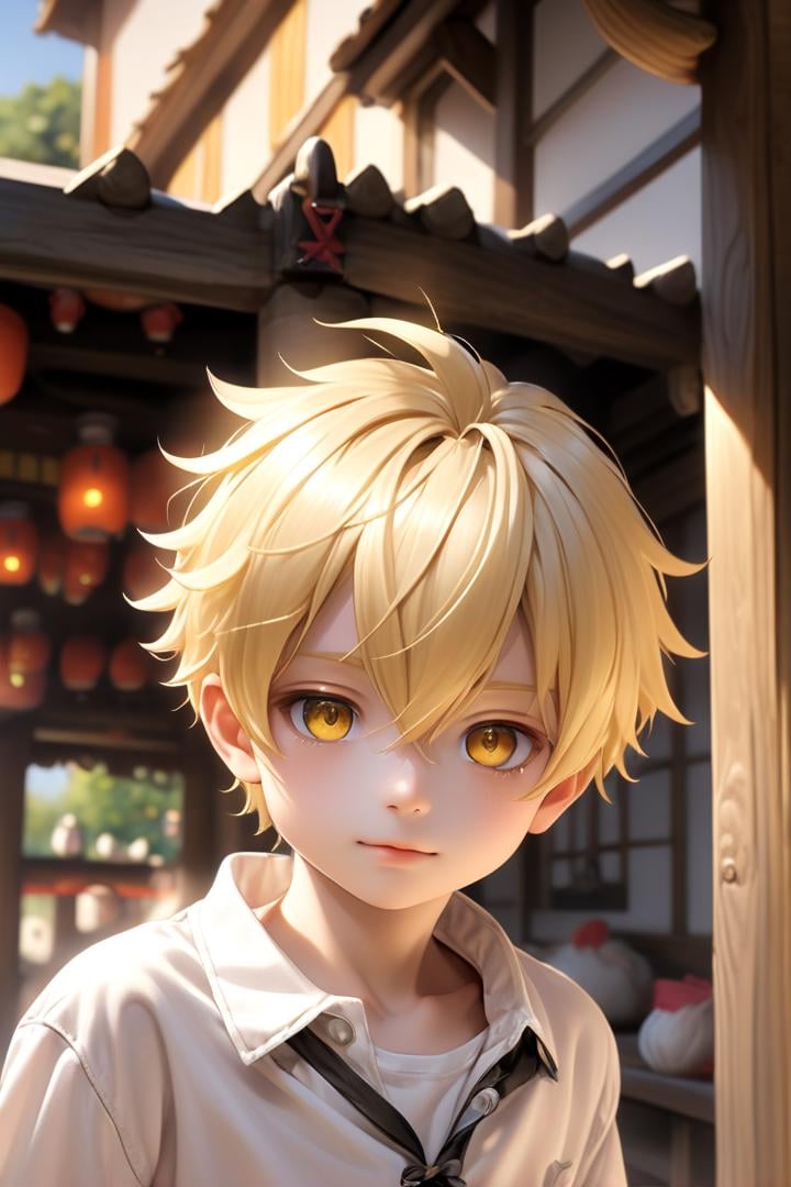 <lora:cutified_anime_character_design:0.4>  nao, 1boy, masterpiece, ultra detail, tavern, (yellow eyes:0.5), (cute shirt:1.3), blonde hair