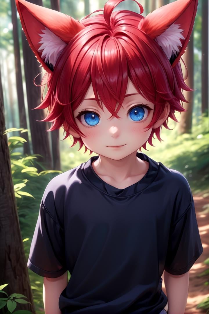 <lora:cutified_anime_character_design:0.4>  1boy, aki, crimson hair, crimson animal ears, masterpiece, ultra detail, forest, blue eyes, (cute shirt:1.3)