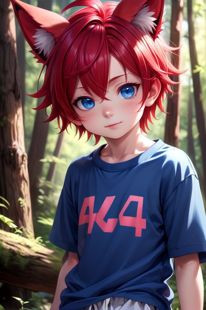 <lora:cutified_anime_character_design:0.4>  1boy, aki, crimson hair, crimson animal ears, masterpiece, ultra detail, forest, blue eyes, (cute shirt:1.3)