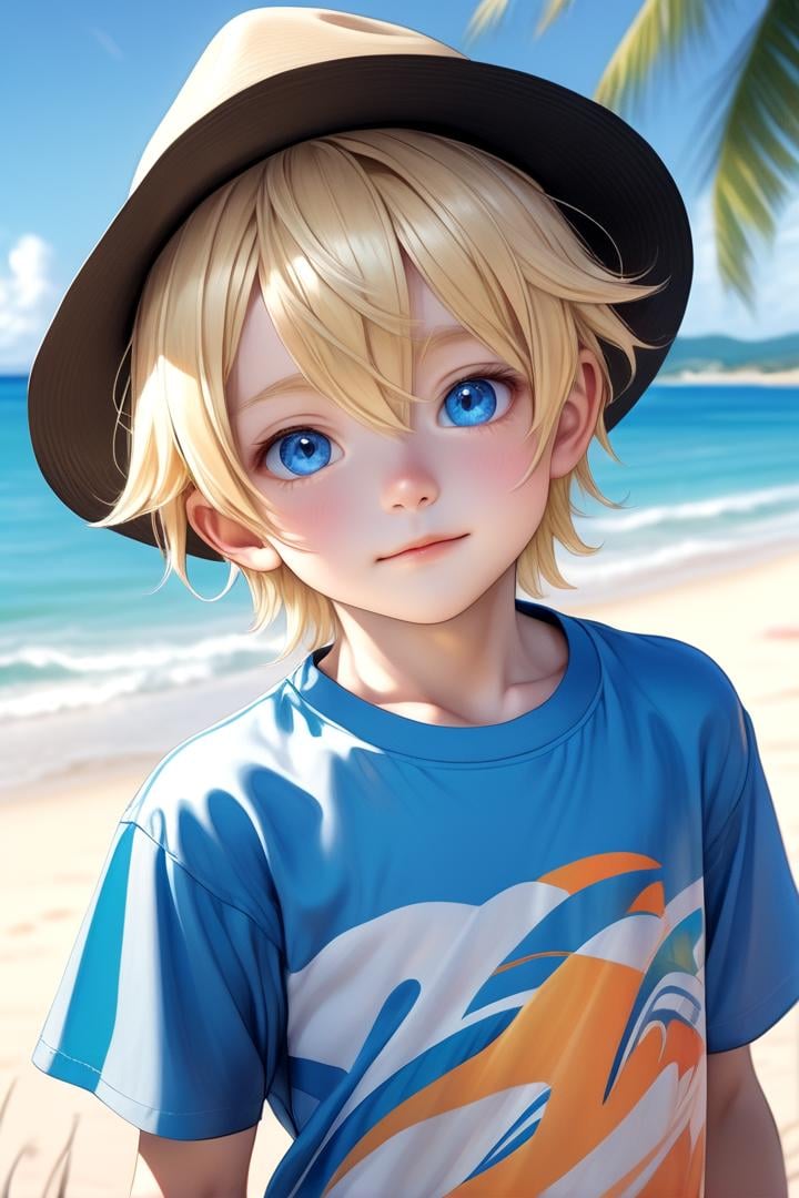 <lora:cutified_anime_character_design:0.4>  1boy, aoki, blonde hair, hat, masterpiece, ultra detail, beach, blue eyes, (cute shirt:1.3)