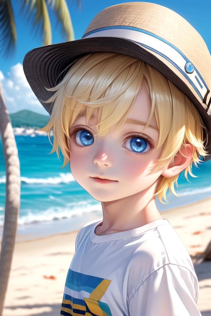 <lora:cutified_anime_character_design:0.4>  1boy, aoki, blonde hair, hat, masterpiece, ultra detail, beach, blue eyes, (cute shirt:1.3)