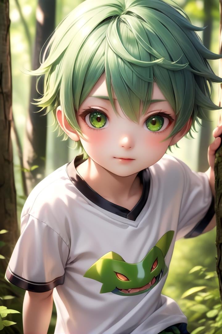 <lora:cutified_anime_character_design:0.4>  nobu 1boy, masterpiece, ultra detail, forest, (yellow eyes:0.5), (cute shirt:1.3), green hair