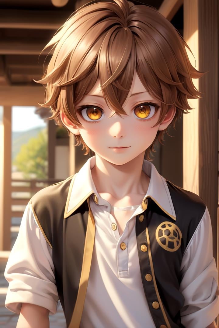 <lora:cutified_anime_character_design:0.4>  shou, 1boy, masterpiece, ultra detail, tavern, (yellow eyes:0.5), (cute shirt:1.3), brown hair