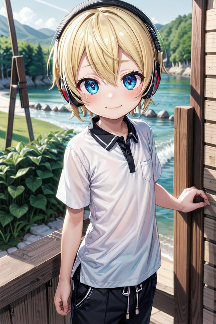 (1boy:1.4), looking at viewer, hair between eyes, highlight in eyes, male focus,crew cut, (blonde hair), blue eyes, ((masterpiece)), blue headphones,multiple details, sky,  handsome, medium close up,  forest, standing, (polo shirt:1.2)beautiful eyes, delicate features, high light in eyes, smile, triangle chin, whole body, full shot,petite, young, juvenile, detailed beautiful little boy, adorable boy, sparkling eyes,ultra detailed eyes, ultra detailed face, <lora:aoki_sd_v10-000011:0.5> aoki