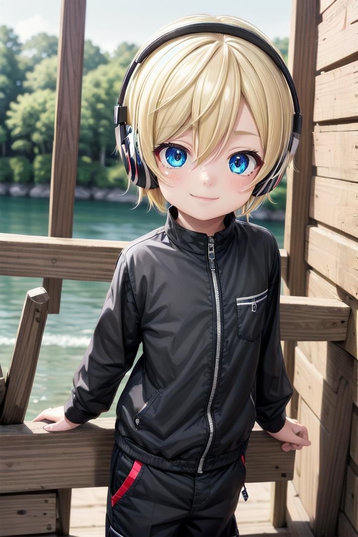 (1boy:1.4), looking at viewer, hair between eyes, highlight in eyes, male focus,crew cut, (blonde hair), blue eyes, ((masterpiece)), blue headphones,long pants,multiple details, sky, forest, handsome, medium close up, (black shirt:1,4),beautiful eyes, delicate features, high light in eyes, smile, triangle chin,petite, young, juvenile, detailed beautiful little boy, adorable boy, sparkling eyes,ultra detailed eyes, ultra detailed face, <lora:aoki_sd_v10-000011:0.5> aoki