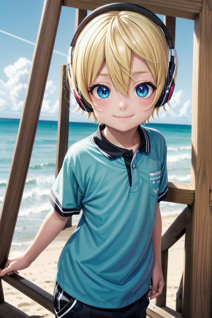 (1boy:1.4), looking at viewer, hair between eyes, highlight in eyes, male focus,crew cut, (blonde hair), blue eyes, ((masterpiece)), blue headphones,long pants,multiple details, sky, beach, handsome, medium close up, (polo shirt1,6),beautiful eyes, delicate features, high light in eyes, smile, triangle chin,petite, young, juvenile, detailed beautiful little boy, adorable boy, sparkling eyes,ultra detailed eyes, ultra detailed face, <lora:aoki_sd_v10-000011:0.5> aoki