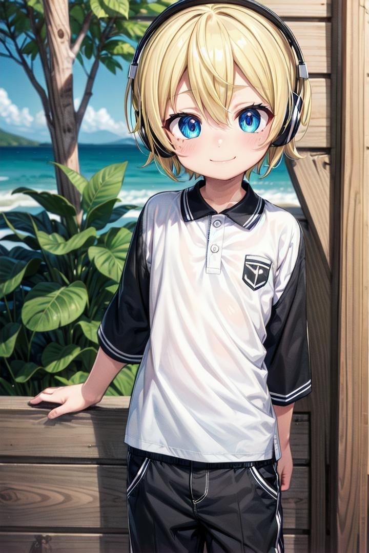 (1boy:1.4), looking at viewer, hair between eyes, highlight in eyes, male focus,crew cut, (blonde hair), blue eyes, ((masterpiece)), blue headphones,multiple details, sky,  handsome, medium close up,  forest, standing, (polo shirt:1.2)beautiful eyes, delicate features, high light in eyes, smile, triangle chin, whole body, full shot,petite, young, juvenile, detailed beautiful little boy, adorable boy, sparkling eyes,ultra detailed eyes, ultra detailed face, <lora:aoki_sd_v10-000011:0.5> aoki