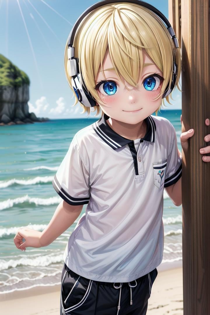 (1boy:1.4), looking at viewer, hair between eyes, highlight in eyes, male focus,crew cut, (blonde hair), blue eyes, ((masterpiece)), blue headphones,long pants,multiple details, sky, beach, handsome, medium close up, (polo shirt1,6),beautiful eyes, delicate features, high light in eyes, smile, triangle chin,petite, young, juvenile, detailed beautiful little boy, adorable boy, sparkling eyes,ultra detailed eyes, ultra detailed face, <lora:aoki_sd_v10-000011:0.5> aoki