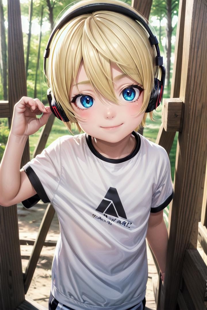 (1boy:1.4), looking at viewer, hair between eyes, highlight in eyes, male focus,crew cut, (blonde hair), blue eyes, ((masterpiece)), blue headphones,multiple details, sky,  handsome, medium close up, (t shirt1,6), forestbeautiful eyes, delicate features, high light in eyes, smile, triangle chin,petite, young, juvenile, detailed beautiful little boy, adorable boy, sparkling eyes,ultra detailed eyes, ultra detailed face, <lora:aoki_sd_v10-000011:0.5> aoki