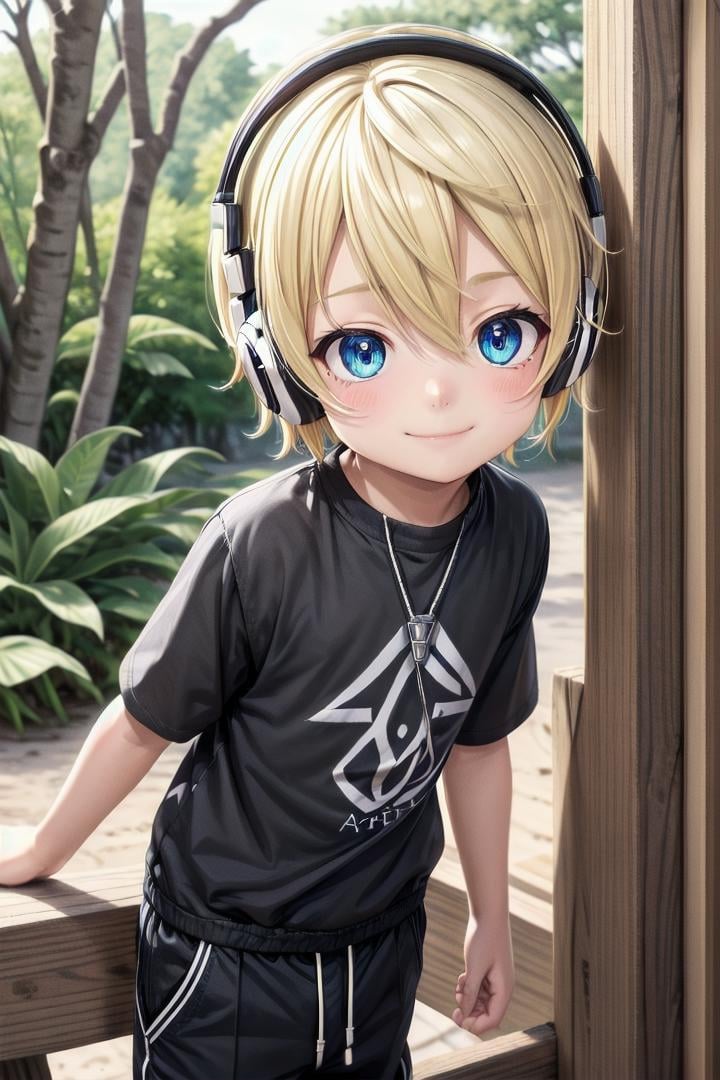 (1boy:1.4), looking at viewer, hair between eyes, highlight in eyes, male focus,crew cut, (blonde hair), blue eyes, ((masterpiece)), blue headphones,long pants,multiple details, sky, forest, handsome, medium close up, (t shirt:1,4),beautiful eyes, delicate features, high light in eyes, smile, triangle chin,petite, young, juvenile, detailed beautiful little boy, adorable boy, sparkling eyes,ultra detailed eyes, ultra detailed face, <lora:aoki_sd_v10-000011:0.5> aoki