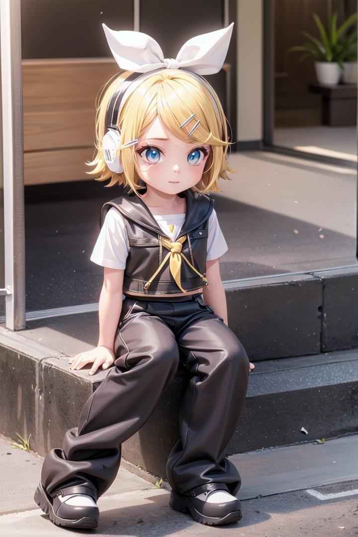 1 girl,  blonde hair, sitting, pants, <lora:kagamine_rin:0.8> kagamine_rin