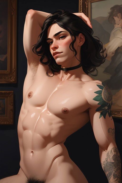 Genderless, armpit hair, enby, muscular, perky tits, thick veiny penis, pubic hair,queer, masterpiece by roberto ferri, best quality, detailed oil painting,