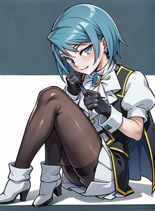 1girl, ((solo)), Franzisca Von Karma, upper_body, (close-up), sitting, (looking_at_viewer), from_side, 
blush,  smirk, hold whip, oppai oppai,
(blue_hair), short_hair, (mole_under_eye:0.6), ascot, puffy sleeves,  black gloves, jewelry, earrings, vest, black pantyhose, pencil_skirt, 
(perfect detailed face), detailed eyes, beauty, 
(simple_background), (((clear details))),
(highly detailed), masterpiece, ((best quality)), 