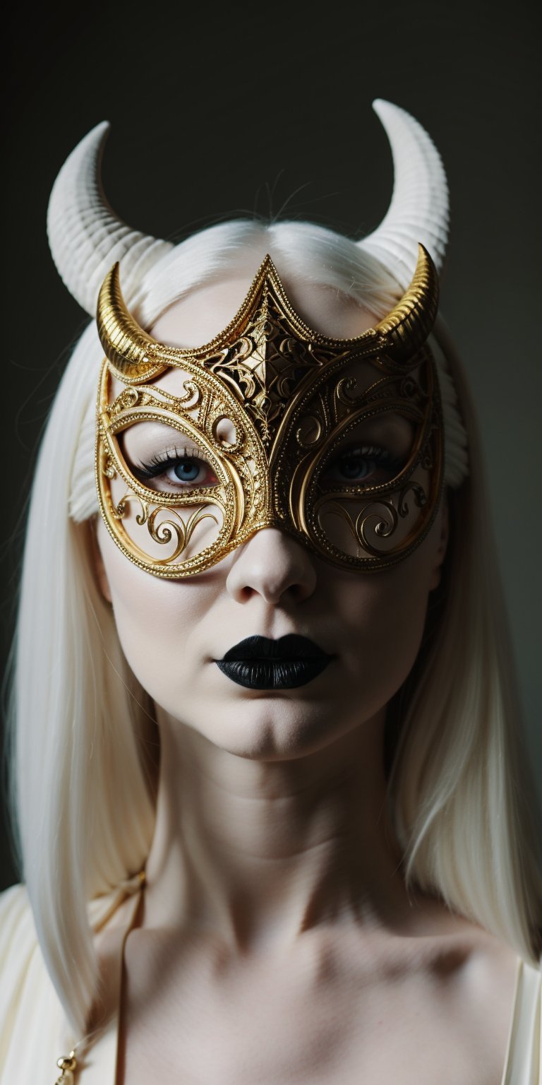 1girl,.albino demon little queen, (long intricate horns), a sister clad in gothic punk attire, face concealed behind a striking masquerade mask,themed,white_aesthetics,white_aesthetics,photorealistic,Masterpiece,gold_art
