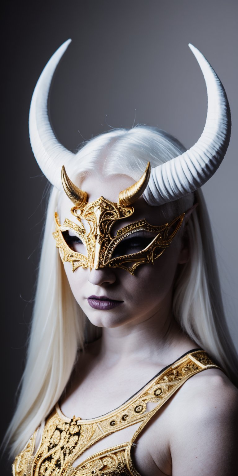 1girl,.albino demon little queen, (long intricate horns), a sister clad in gothic punk attire, face concealed behind a striking masquerade mask,themed,white_aesthetics,white_aesthetics,photorealistic,Masterpiece,gold_art