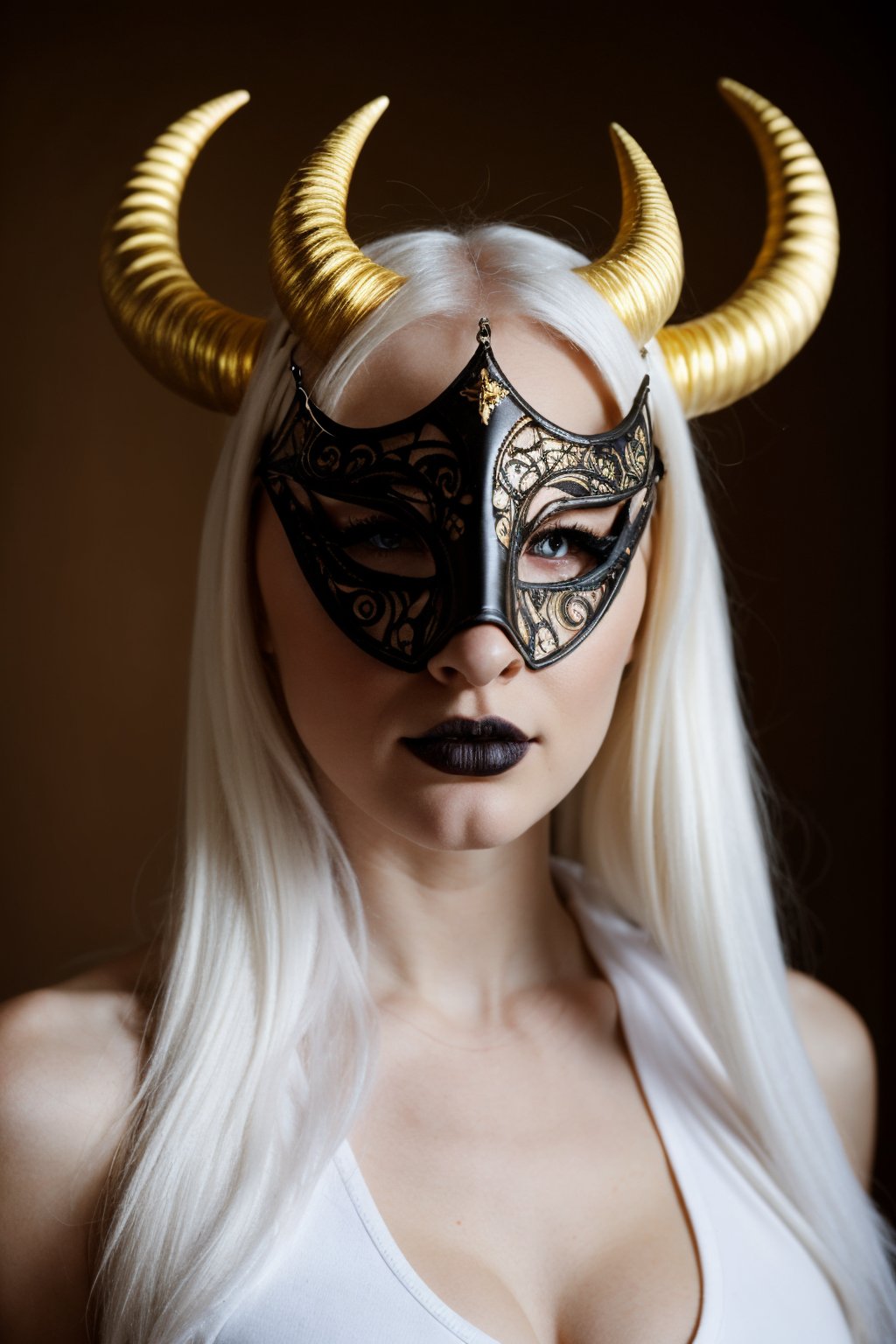 1girl,.albino demon little queen, (long intricate horns), a sister clad in gothic punk attire, face concealed behind a striking masquerade mask,themed,white_aesthetics,white_aesthetics,photorealistic,Masterpiece,gold_art