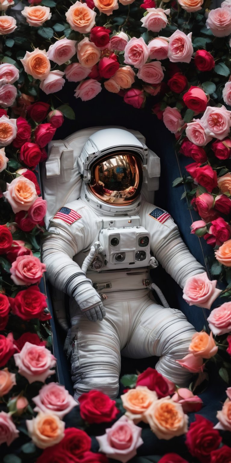 Visualize an astronaut peacefully resting inside a coffin, which is entirely enveloped in a bed of lush, blooming roses. The vibrant hues of the roses contrast starkly with the sterile, metallic interior of the spacecraft. Despite the solemnity of the scene, there is an undeniable beauty in the juxtaposition of life and death, as the delicate petals gently cradle the astronaut in their embrace. The astronaut's visor reflects the surrounding roses, creating an otherworldly glow that illuminates the otherwise dimly lit interior of the spacecraft. As the astronaut sleeps, surrounded by the fragrant embrace of the roses, there is a sense of tranquility and serenity, as if they have found peace amidst the vast expanse of space.