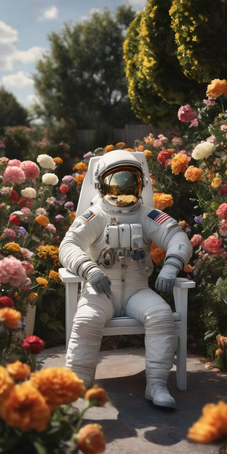 1man, dynamic pose, flowers, high_res, chair, sitting, outdoors, photorealistic, Masterpiece,astronaut_flowers