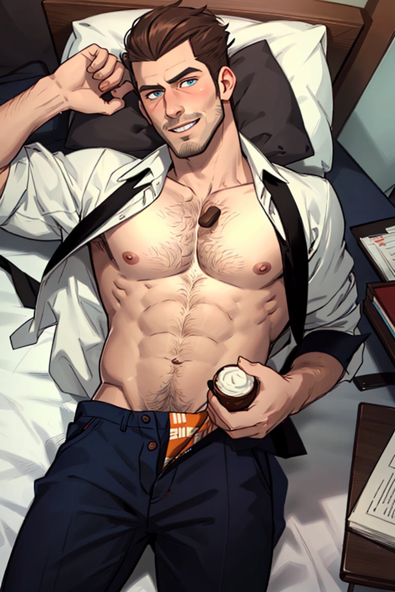 (1 image only), solo male, bara, Chase Devineaux, French, detective, brown hair, short hair, hair slicked back, brown eyes, sideburns, facial hair, broad stubble, widly open white collared shirt, roll up sleeves, pure blue tight and short brief, (bare chest, clean chest, bare 
 neck, bare abdomen, bare buttlocks, bare gorin), mature, handsome, charming, alluring, grin, blush, lying on bed, on back, perfect anatomy, perfect proportions, (best quality, masterpiece), high_resolution, photorealistic, hyperrealistic, madly detailed photo, hyper-realistic lifelike texture, picture-perfect face, (realistic eyes, perfect eyes, perfect eye pupil), perfect hands, dutch angle