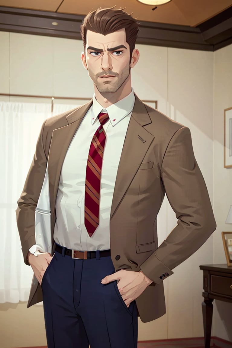 (1 image only), solo male, bara, Chase Devineaux, French, detective, brown hair, short hair, hair slicked back, brown eyes, sideburns, facial hair, broad stubble, white collared shirt, striped brown/red necktie, pure brown suit jacket, pants, mature, handsome, charming, alluring, standing, upper body , perfect anatomy, perfect proportions, 2D, anime, (best quality, masterpiece), (perfect eyes, perfect eye pupil), high_resolution, dutch angle, perfect hands