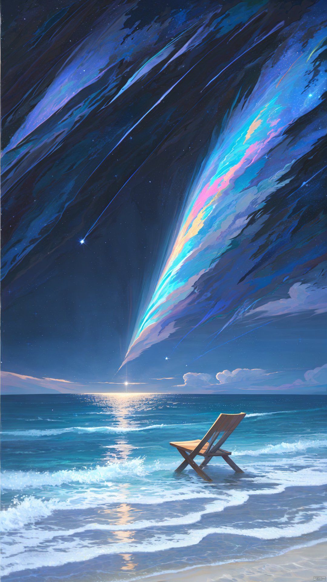 no humans, scenery, star \(sky\), beach, outdoors, waves, starry sky, chair, sky, night, ocean