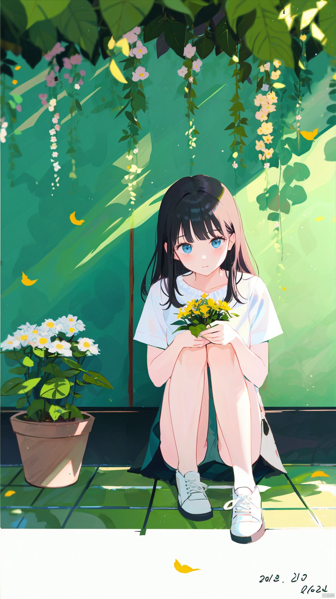 1girl, solo, flower, leaf, plant, knees up, sitting, black hair, long hair, holding flower, bangs, dated