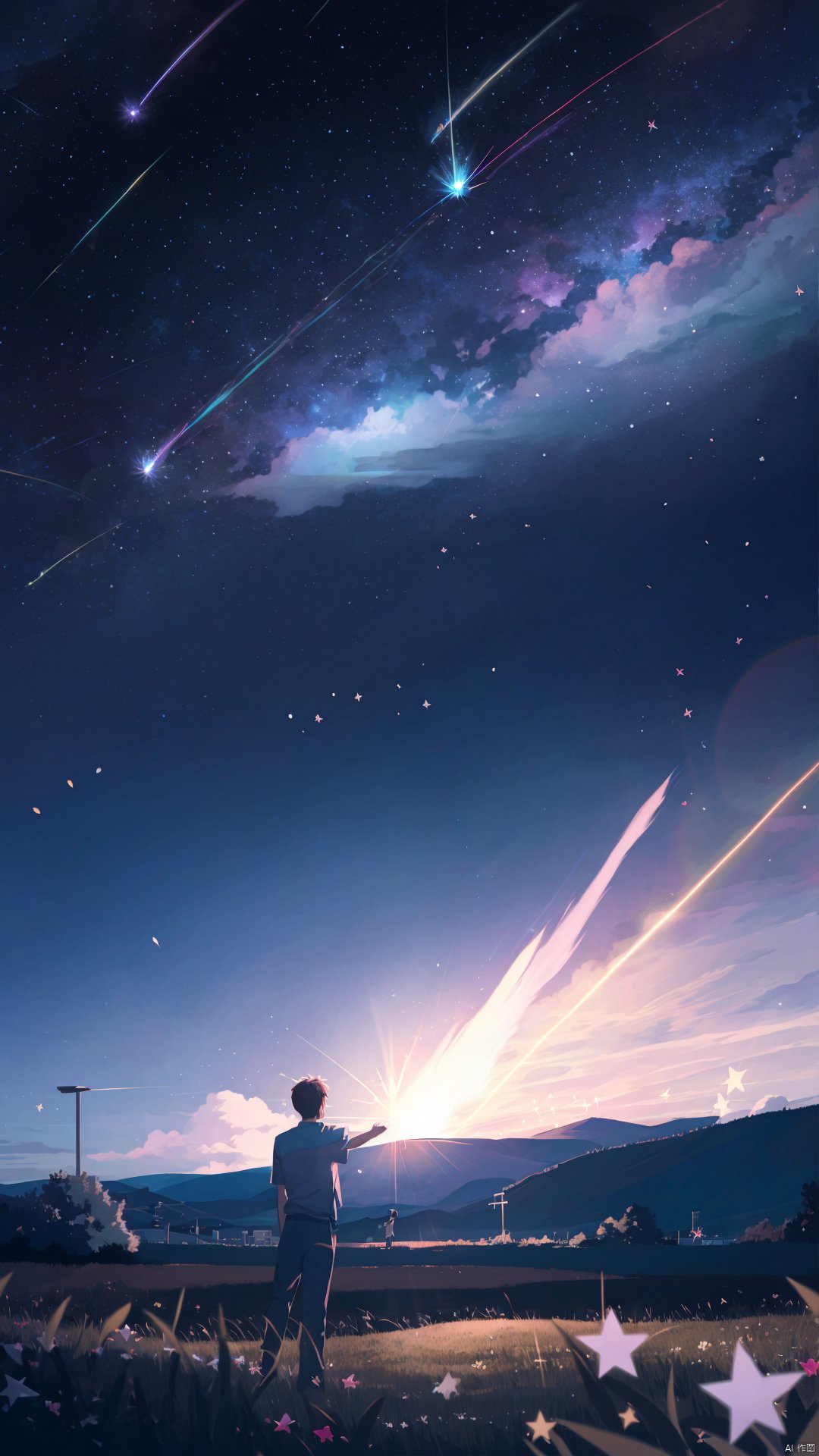 solo, short hair, sky, shooting star, star \(sky\), 1girl, 1boy, wide shot