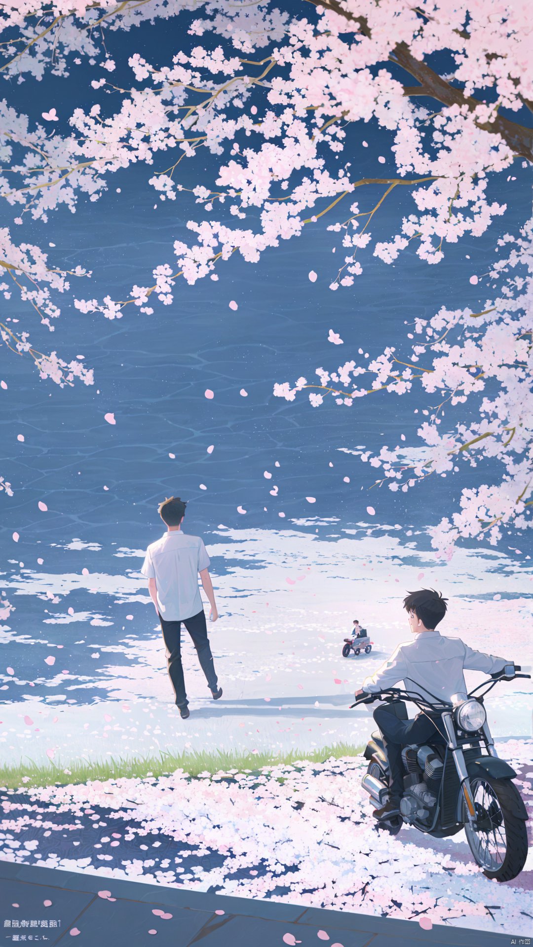 ground vehicle, cherry blossoms, motor vehicle, outdoors, pants, black pants, shirt, motorcycle, white shirt, short hair, petals, multiple boys