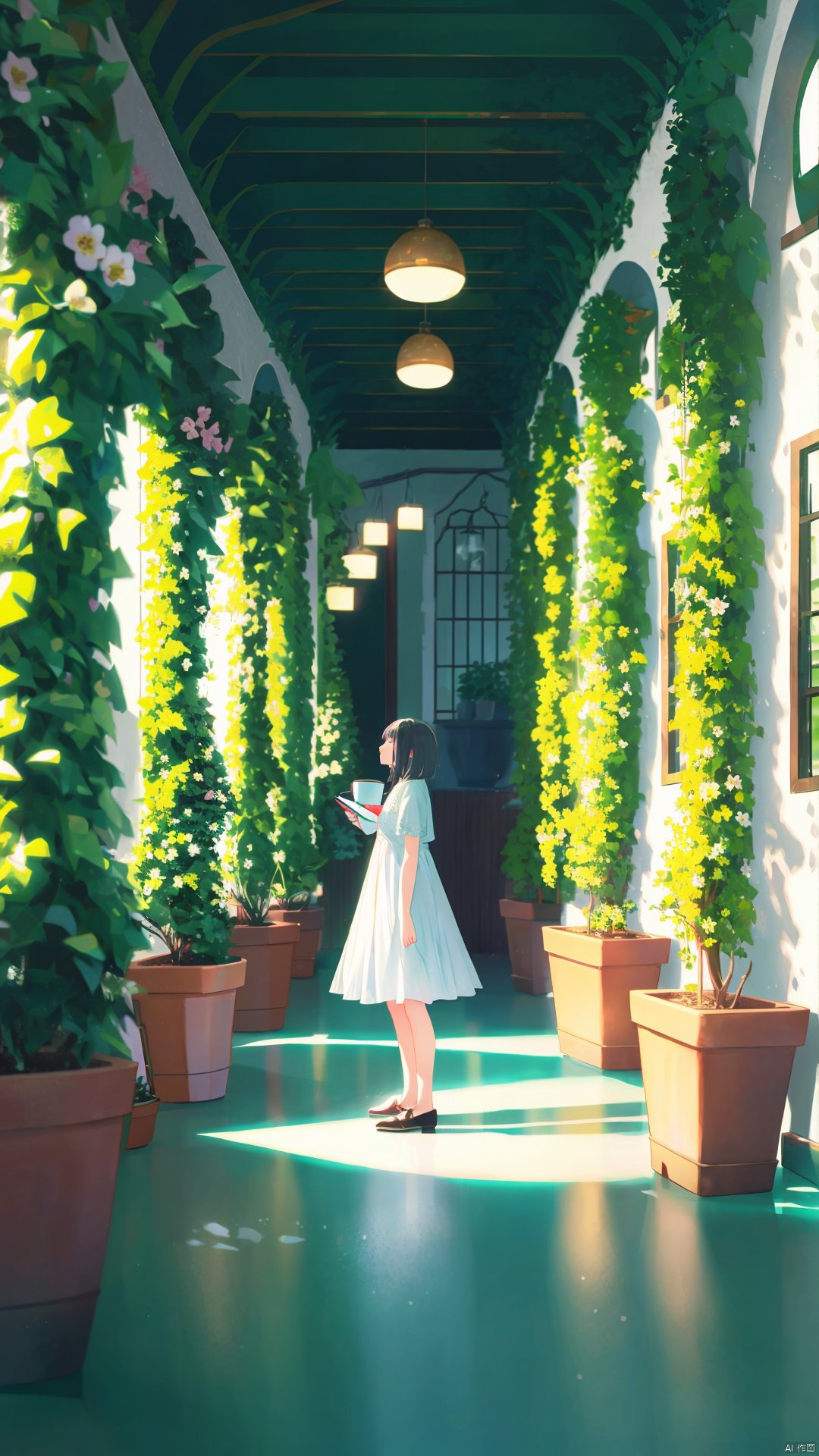 1girl, plant, potted plant, solo, black hair, flower, scenery, tree, dress, white dress, wide shot, long hair, short sleeves