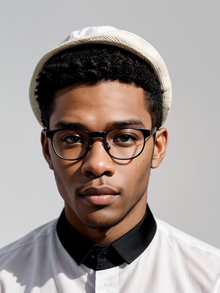 fashion photography, studio lighting, soft light, highly detailed skin, upper body, face focus, BREAK,(1male, 1man:1.2), muscles, solo, age 21, 21yo, (a young and handsome (black man:1.45):1.1)  pose for magazine, look at viewer, wearing (fashion hat:1.2), (elegant eye glasses:1.1), white shirt, BREAK,(white background:1.4), BREAK,(undercut brown hair:1.4), (brown eyes:1.4)