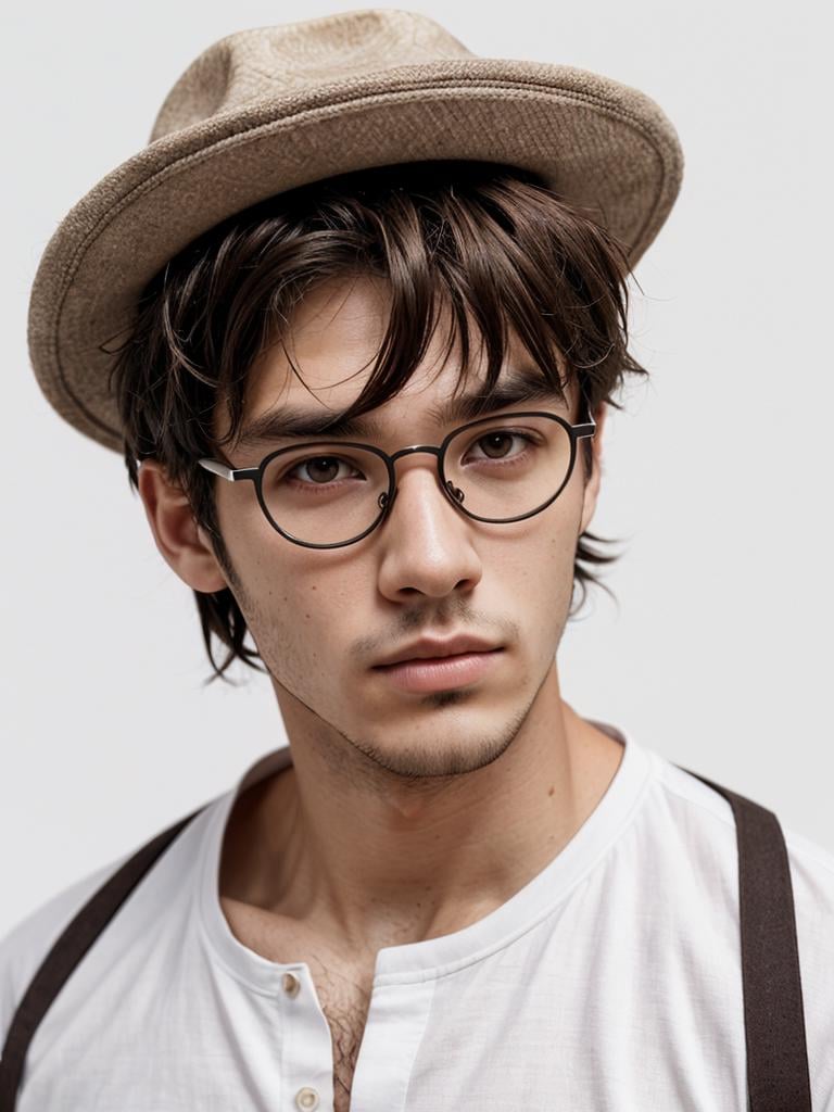 fashion photography, studio lighting, soft light, highly detailed skin, upper body, face focus, BREAK,(1male, 1man:1.2), muscles, solo, age 21, 21yo, (a young and handsome man:1.1)  pose for magazine, look at viewer, wearing (fashion hat:1.2), (elegant eye glasses:1.1), white shirt, BREAK,(white background:1.4), BREAK,(undercut brown hair:1.4), (brown eyes:1.4)